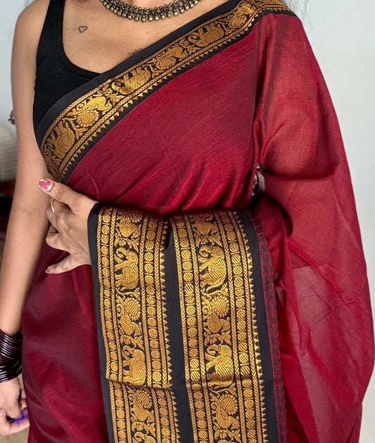 Kanchi cotton saree, dark red with black wide zari border - YCCOTNMA263