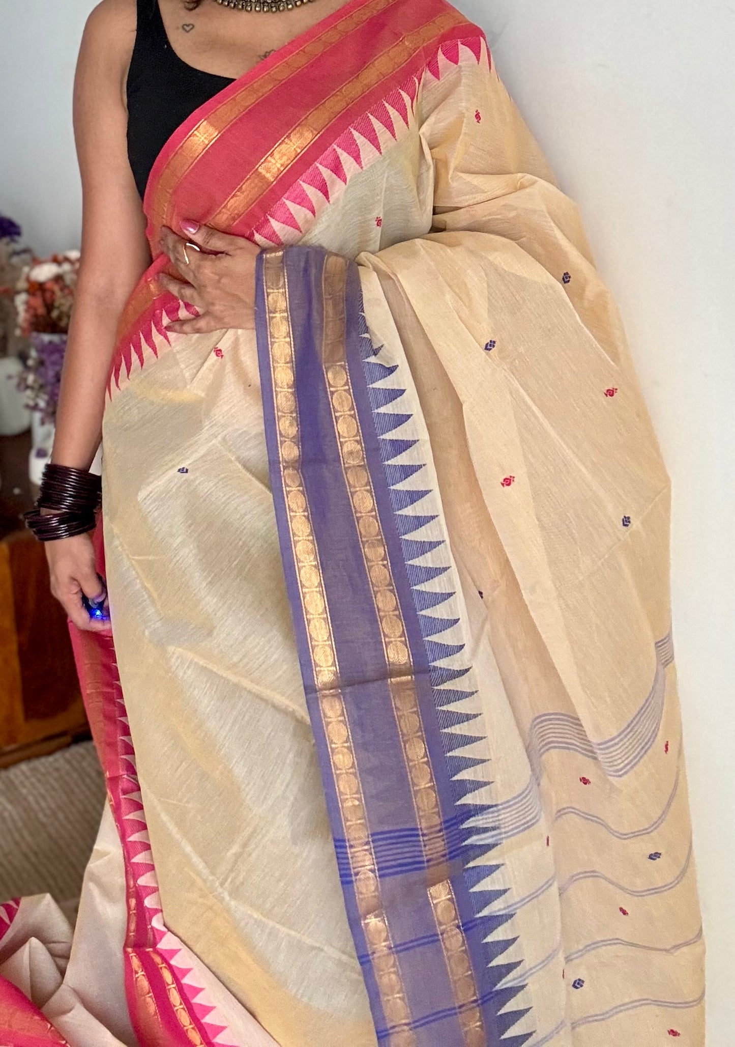 Kanchi cotton saree, cream with light red and violet dual border - YCCOTNAP99