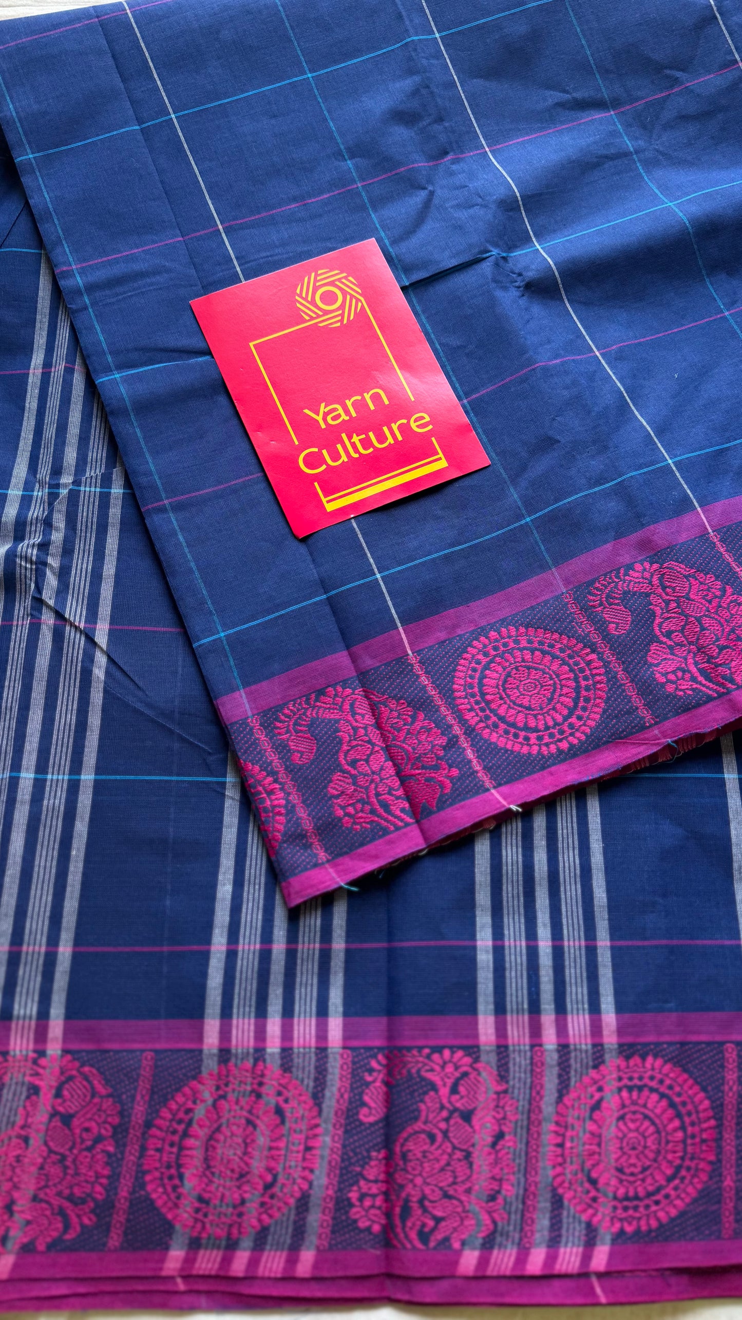 Chettinad cotton saree in dark blue with pink checks, thread motif border - YCCOTNJUCC06