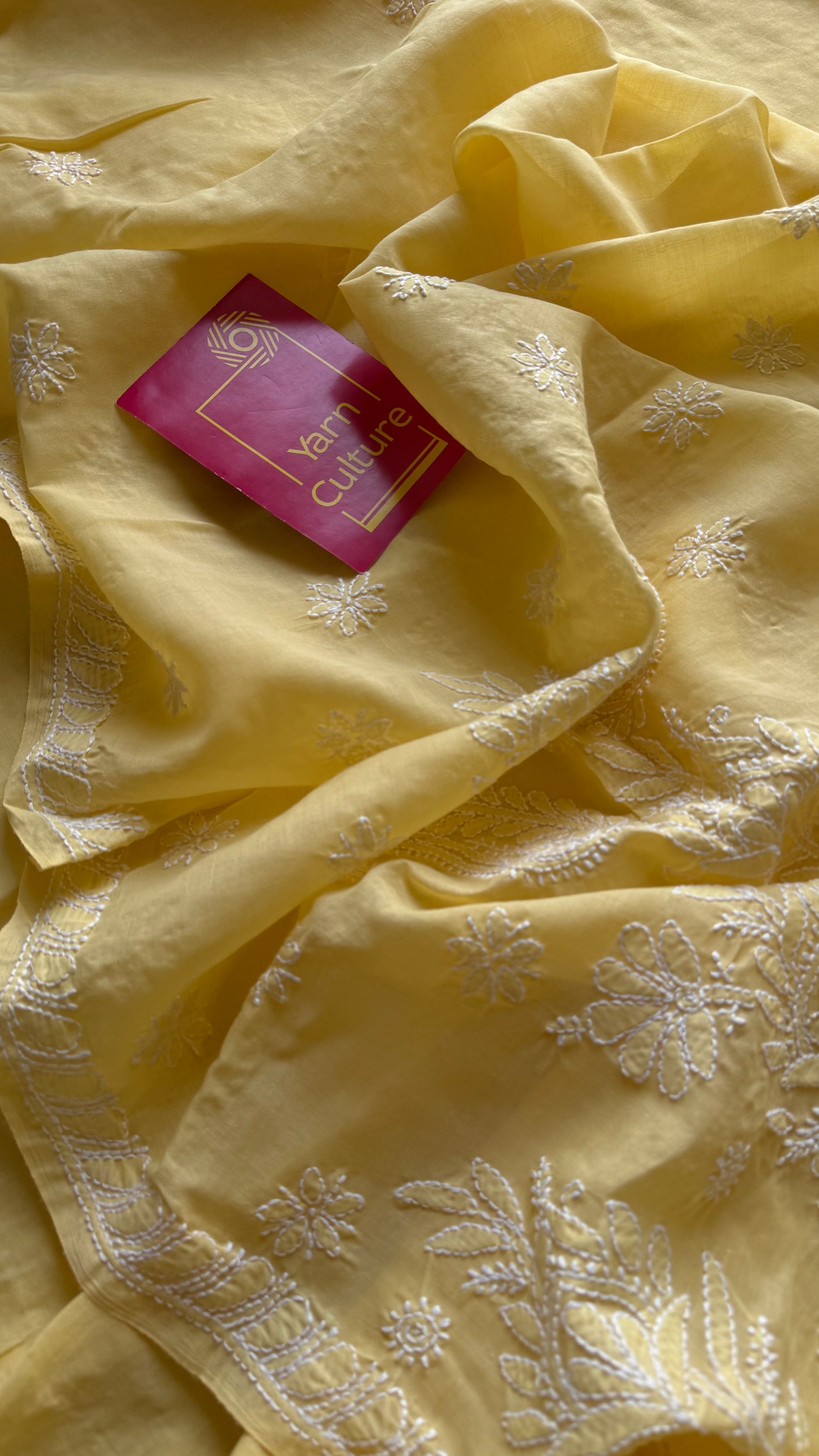 Ziya - light canary yellow hand-embroidered chikankari cotton saree - YCLCKFE417