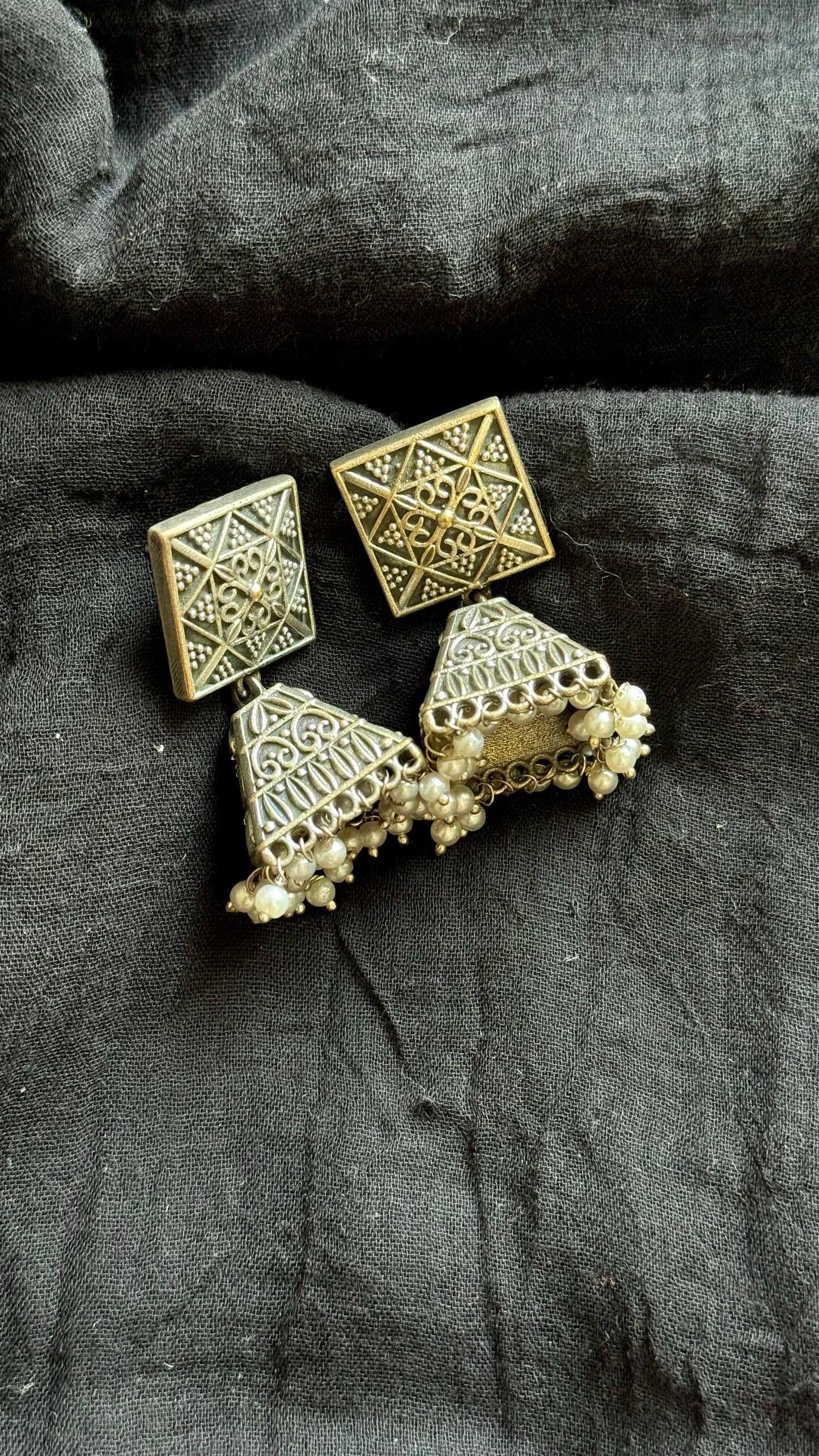 Square top jhumka, black polished oxidised silver with pearl hangings - YCOSEJ589