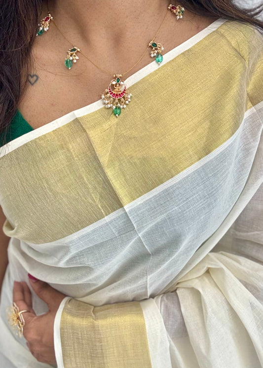 Half moon shaped jadau kundan pendant, invisible chain neckpiece - YCAGC67