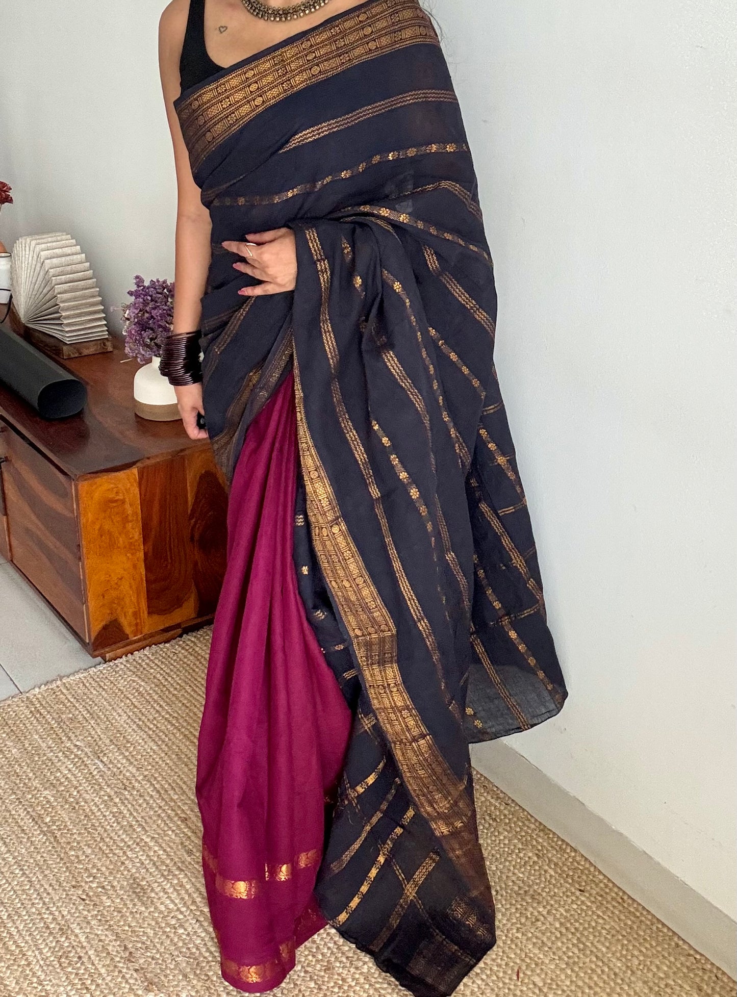 Black and dark vadamalli (purple pink), sungudi cotton half-half saree - YCCOTNIDMA296