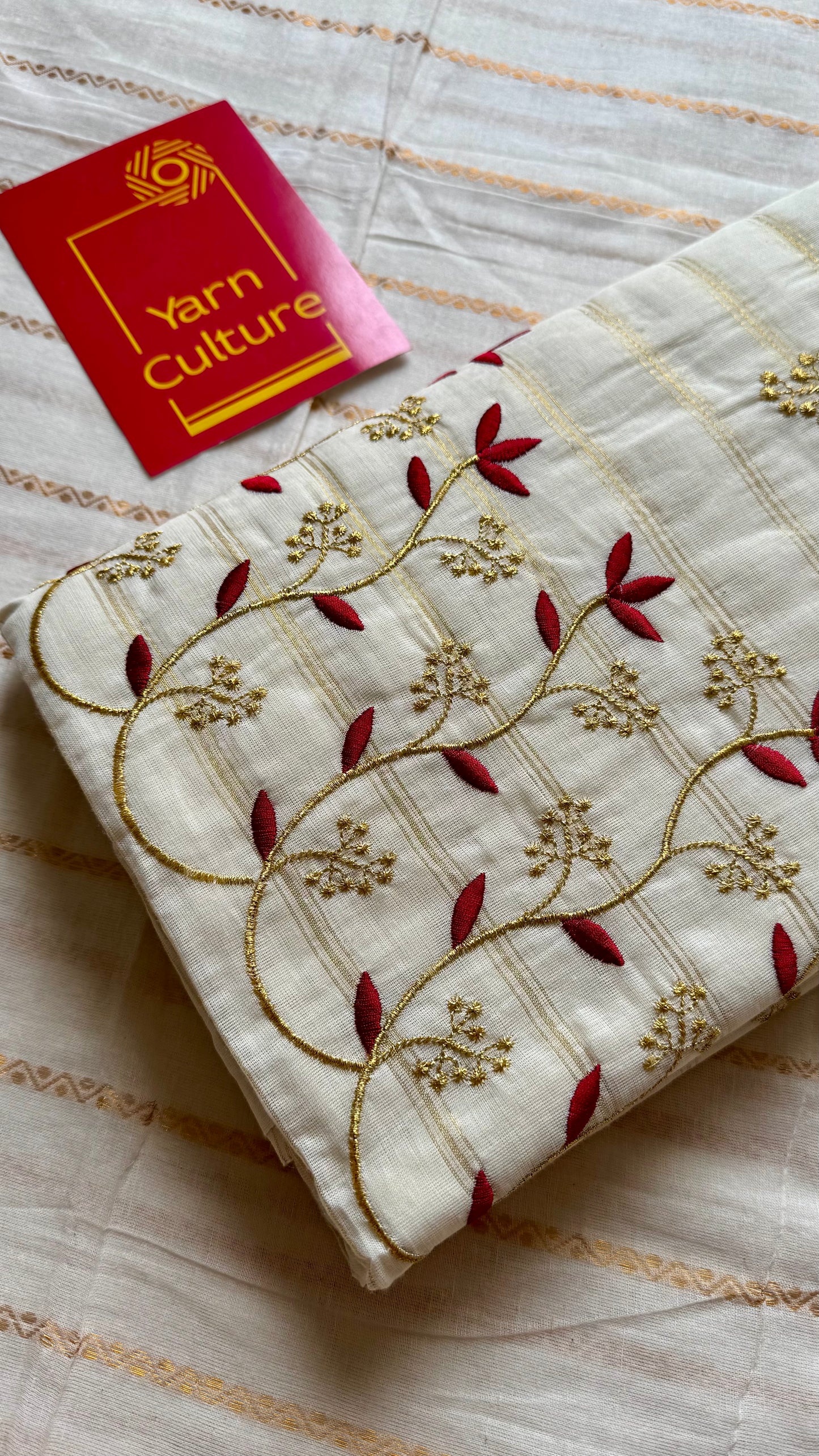 Ivory and gold soft cotton saree, maroon floral vine embroidery  - YCIEON58