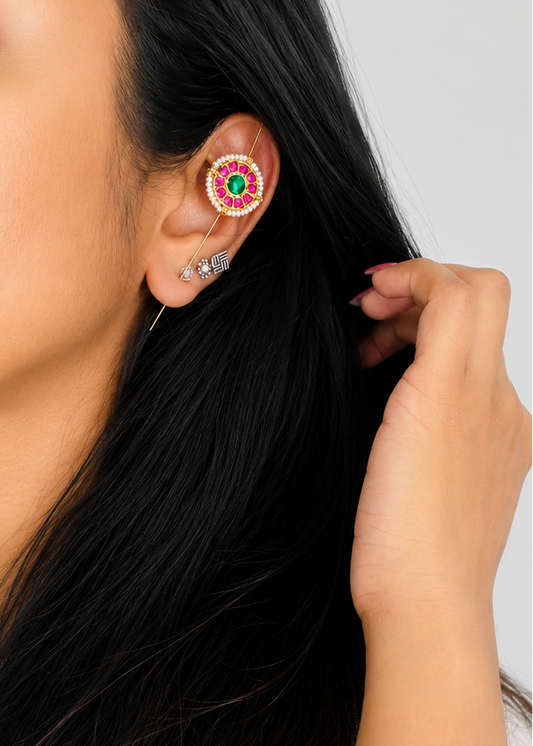 Gold plated earcuff, ruby, green and pearls - YCGPEC833