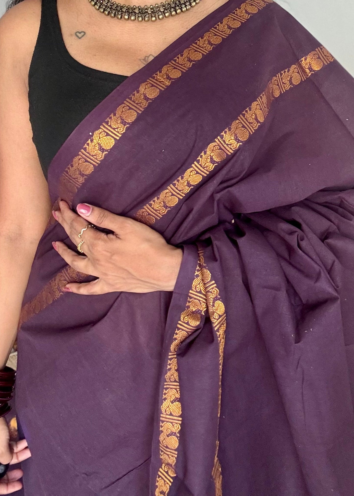 Purple brown rettaipettu peacock gap border, kattuchayam dyed madurai cotton saree  - YCCOTNMSAP98