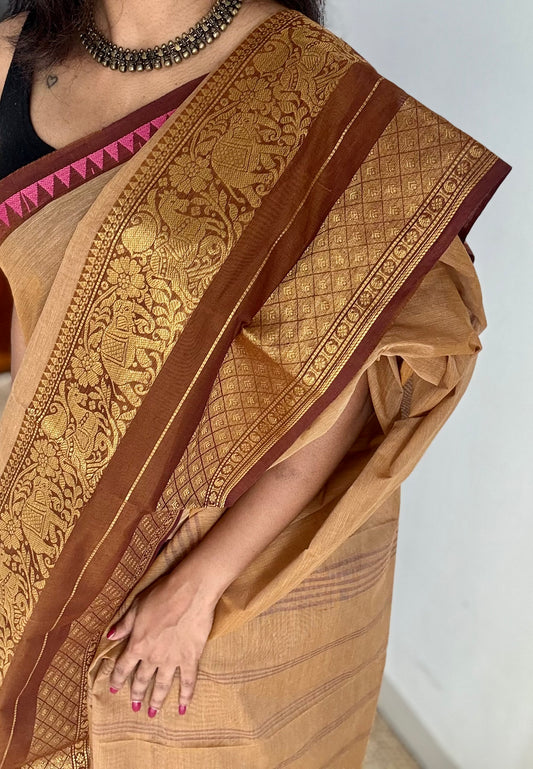 Light brown with dark brown, single side broad zari border, chettinad cotton - YCCOTNAUC56