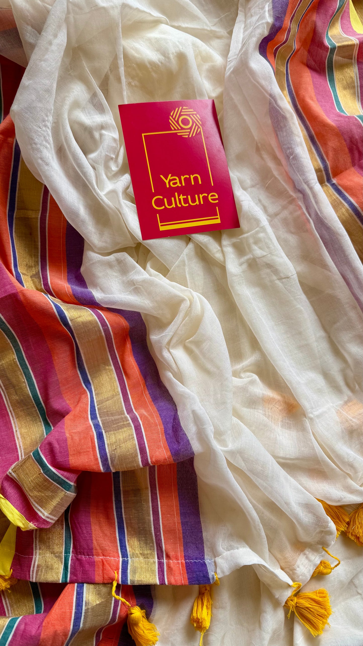 Ivory mul saree, multicoloured border - YCIEON34