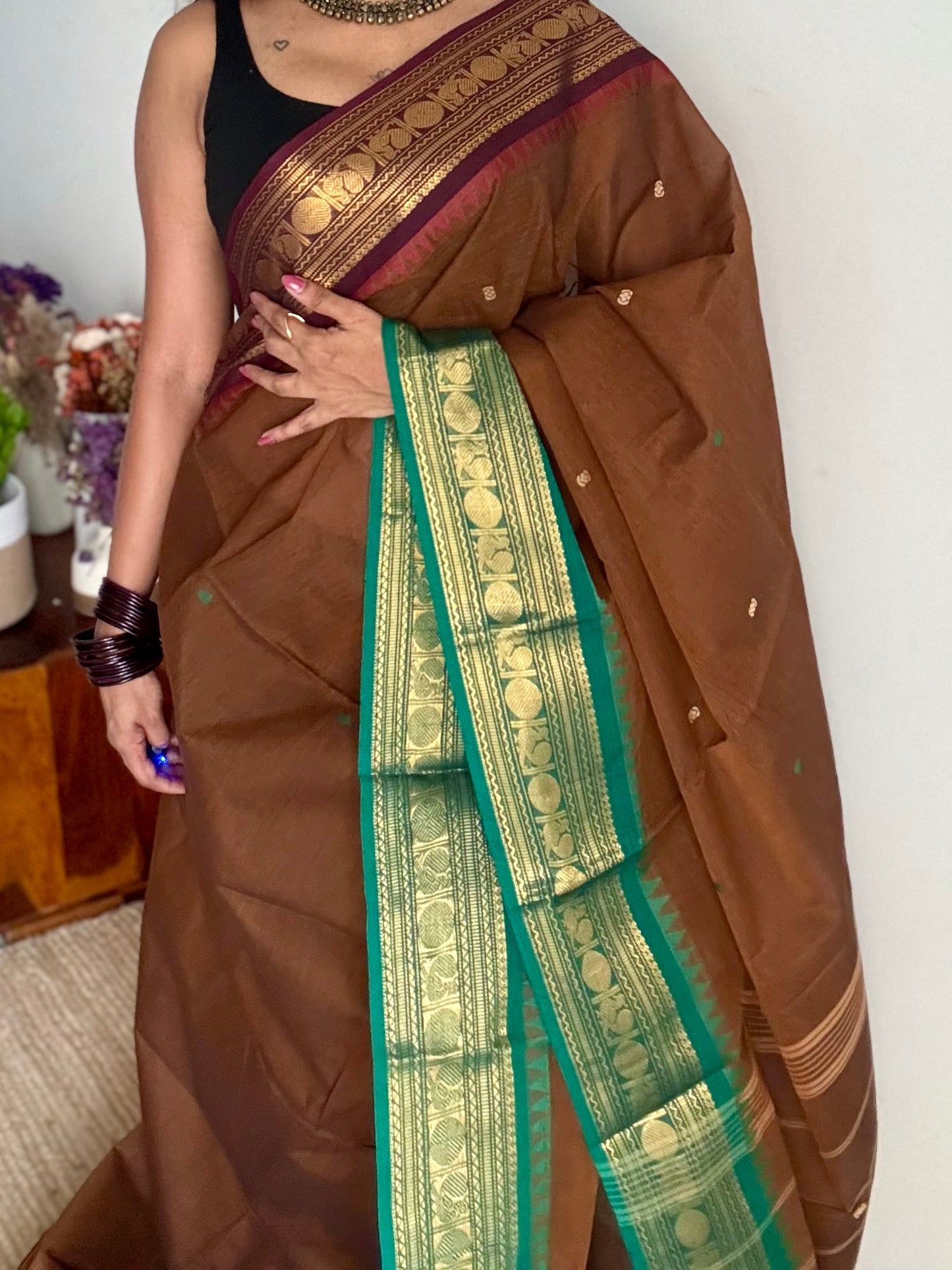 Kanchi cotton saree, brown with dark brown and green dual border - YCCOTNAP94