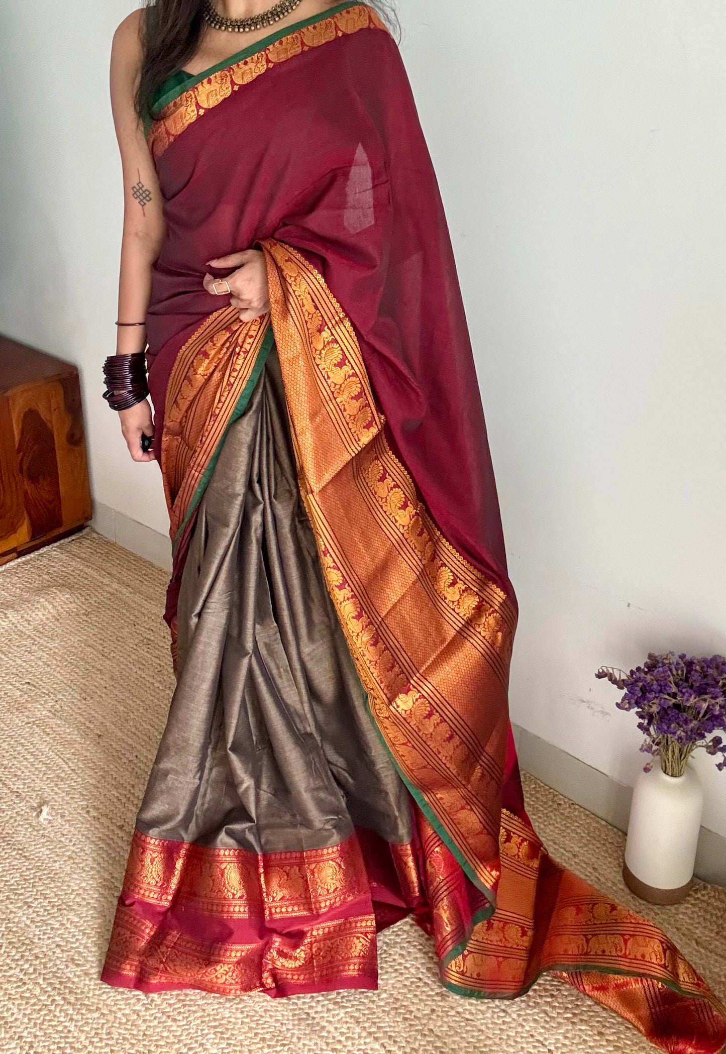 Grey - Maroon unstitched half saree material (dhavani), narayanpet cotton - YCIEHS217