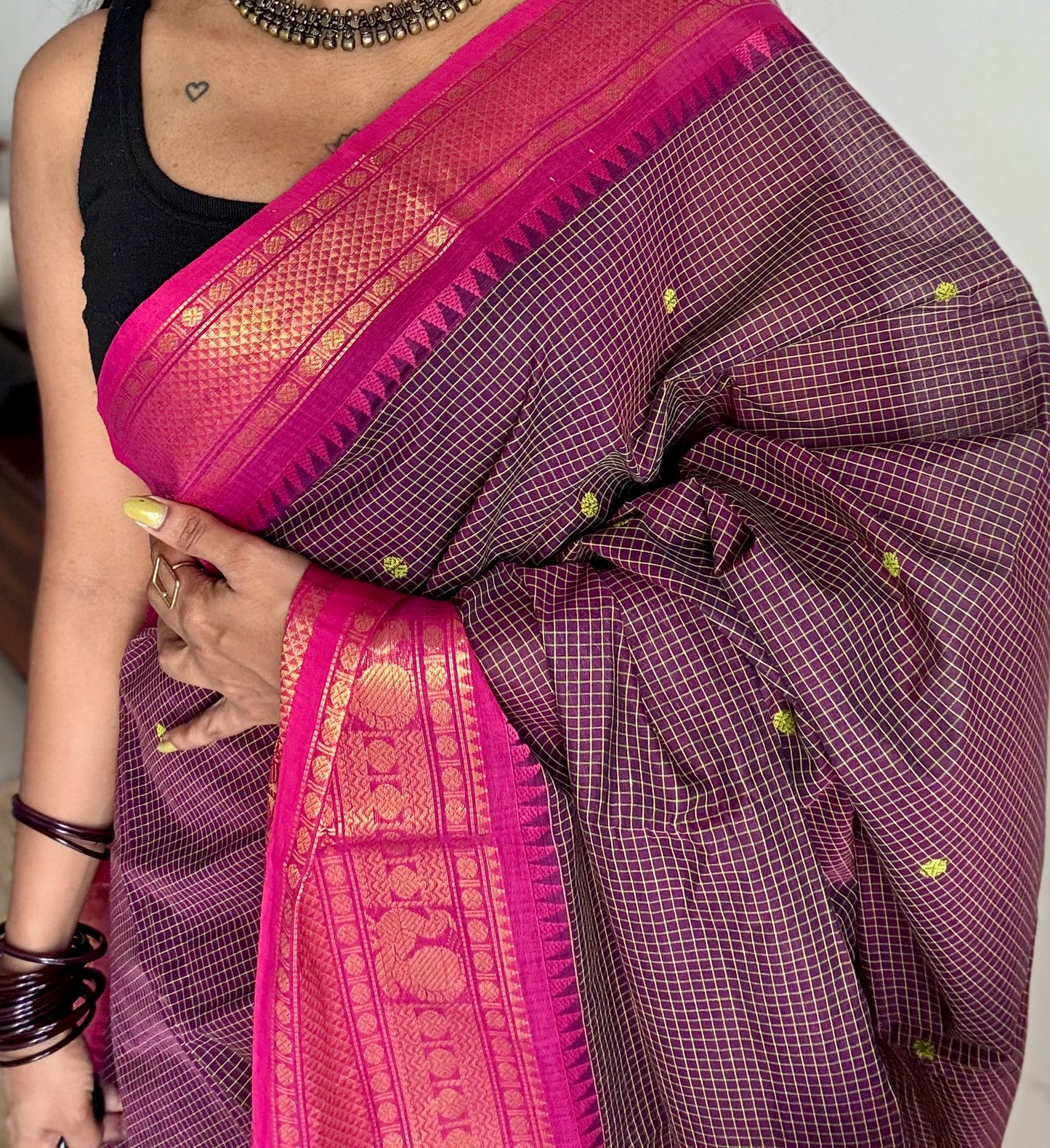 Dark purple with pink contrast, checkered kanchi cotton saree - YCCOTNJU19