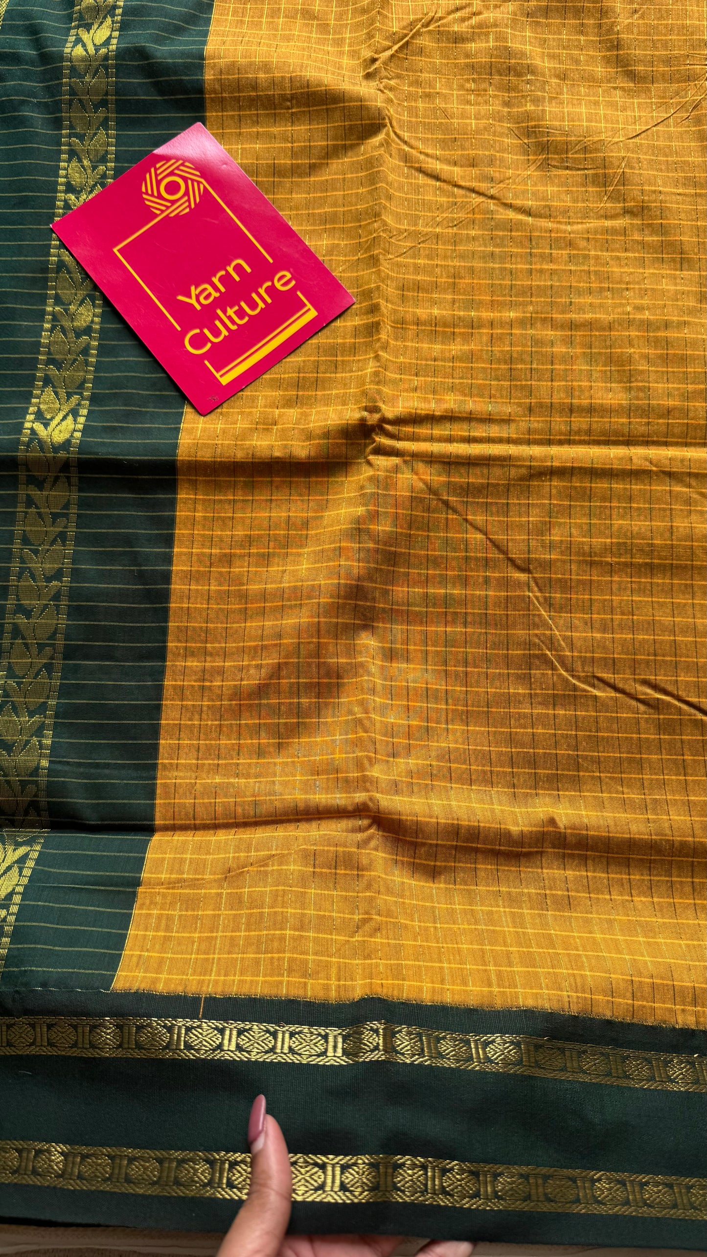 Mustard yellow with dark green contrast arani checkered saree, cotton silk - YCCOTNAUG12