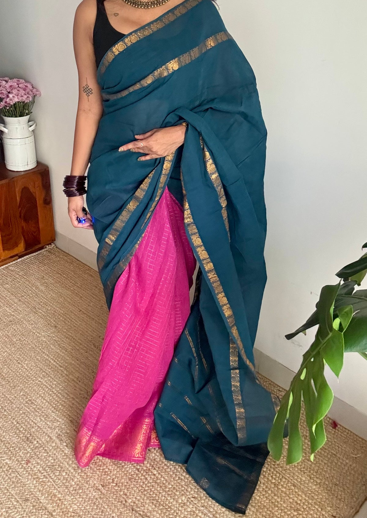Teal with magenta, sungudi cotton half and half saree - YCCOTNIDOC156
