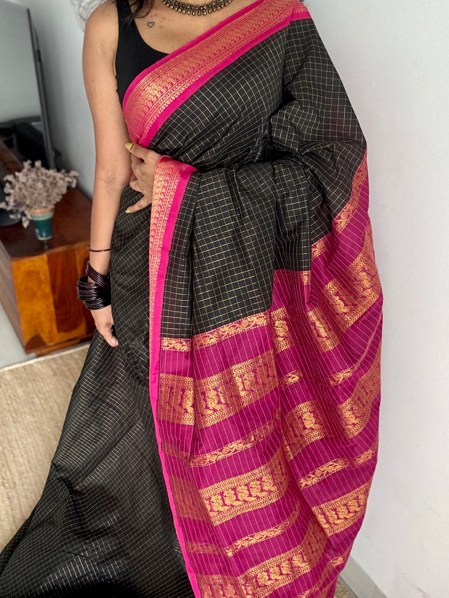 Black with hot pink, checks - cotton silk - YCCOTNOCKC81