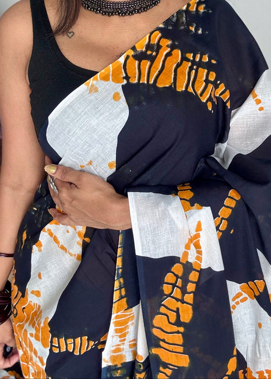 Black and white with orange scattered prints, soft cotton saree - YCTORCMA02