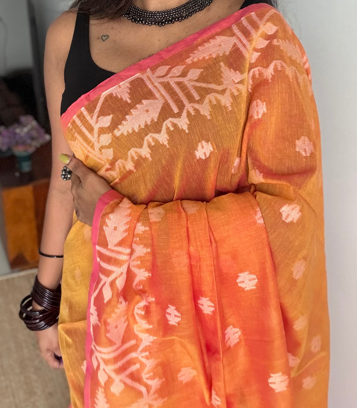 Orange pink double tone jamdani in soft cotton - YCBCKJJA140