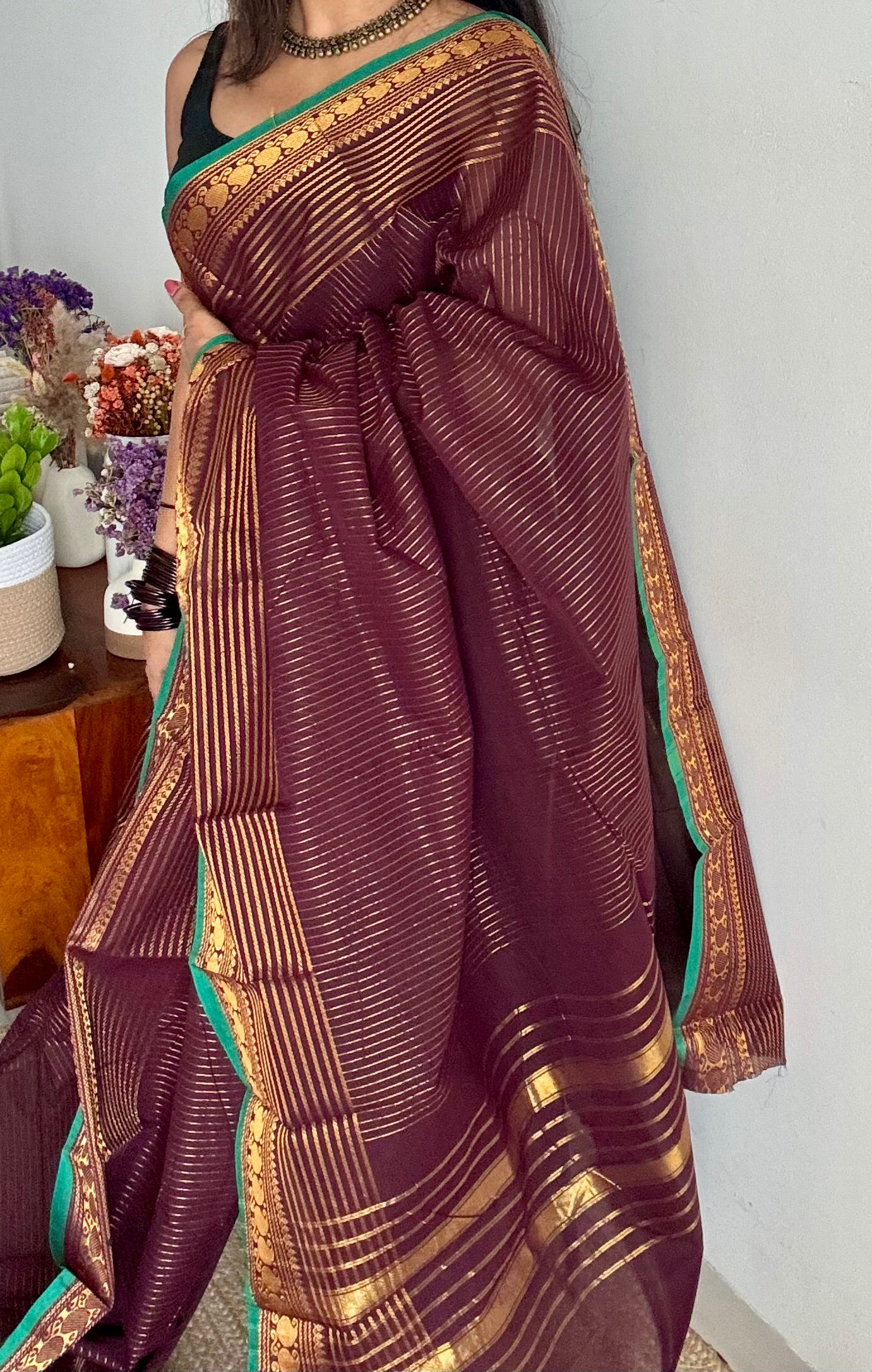 Kanchi cotton saree, brownish maroon with gold stripes, paisley border - YCCOTNAP93