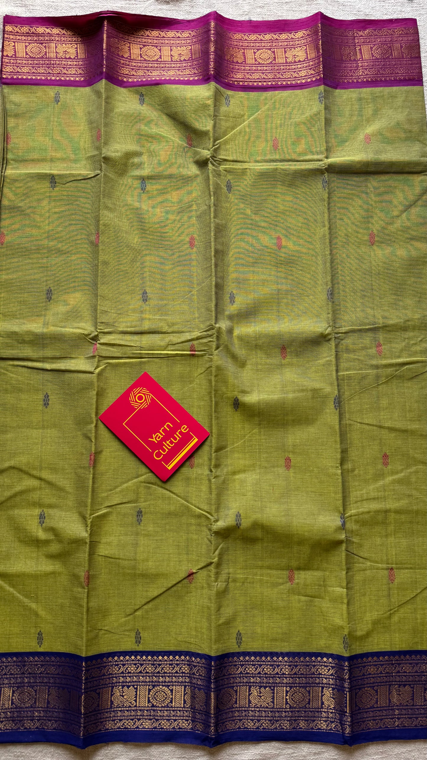 Green with magenta pink and royal blue contrast, kanchi cotton saree - YCCOTNMA326