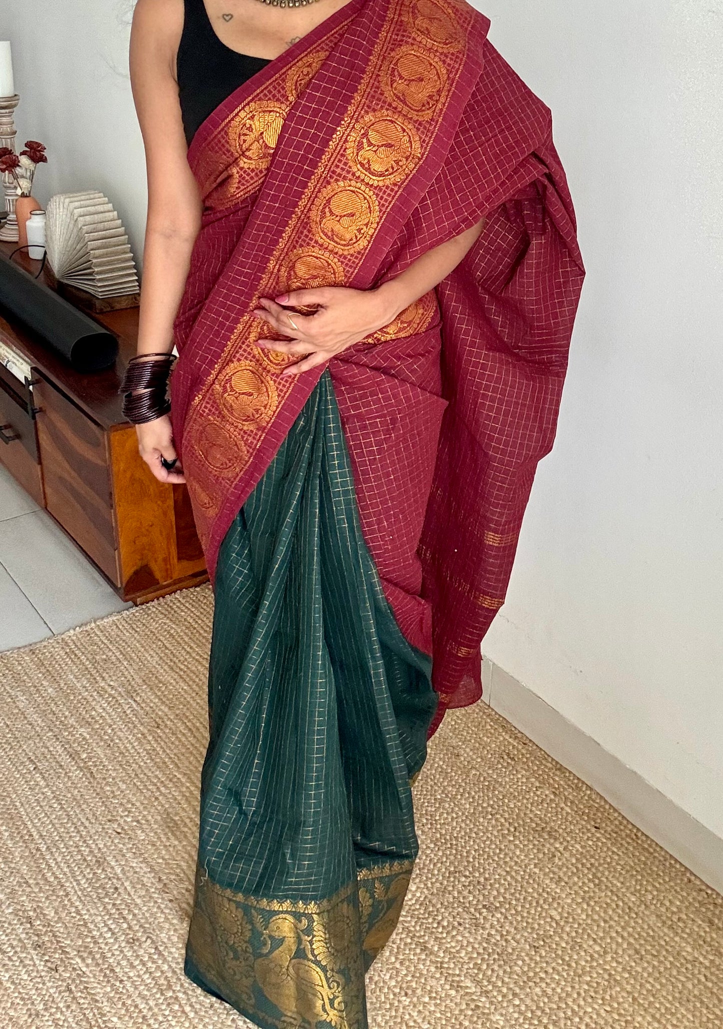 Maroon and bottle green, sungudi cotton half-half saree - YCCOTNIDMA306