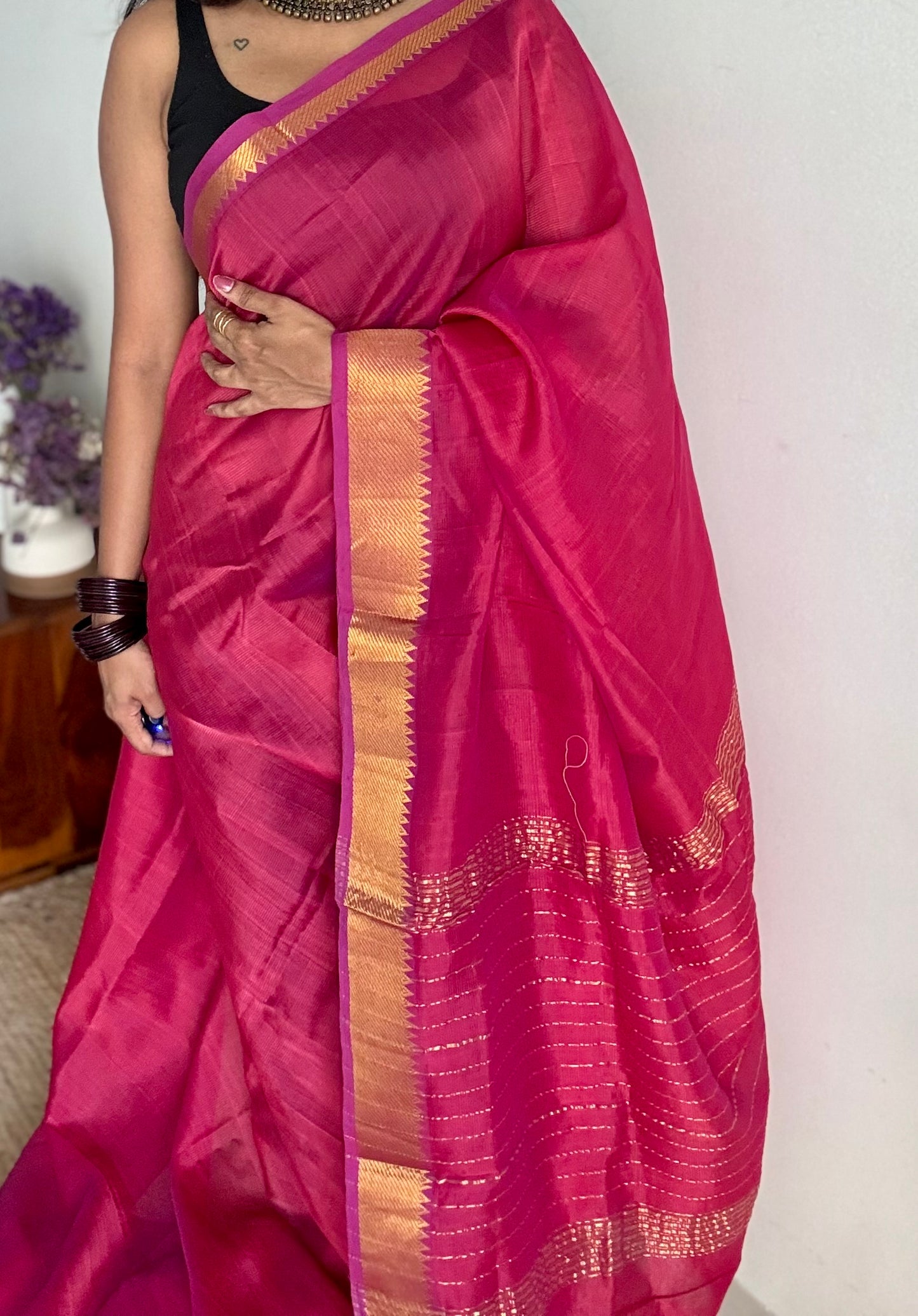 Plain hot pink dual tone with gold zari border, mangalgiri silk cotton, handwoven, soft, light weight - YCWOTDMSAP224