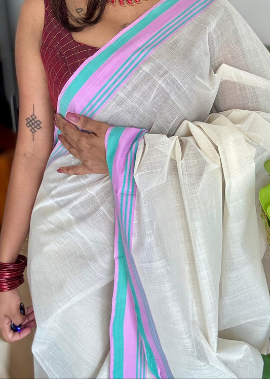 Handloom, woven in Chendamangalam Looms, ivory with pink and green stripes, soft cotton saree - YCIEON149