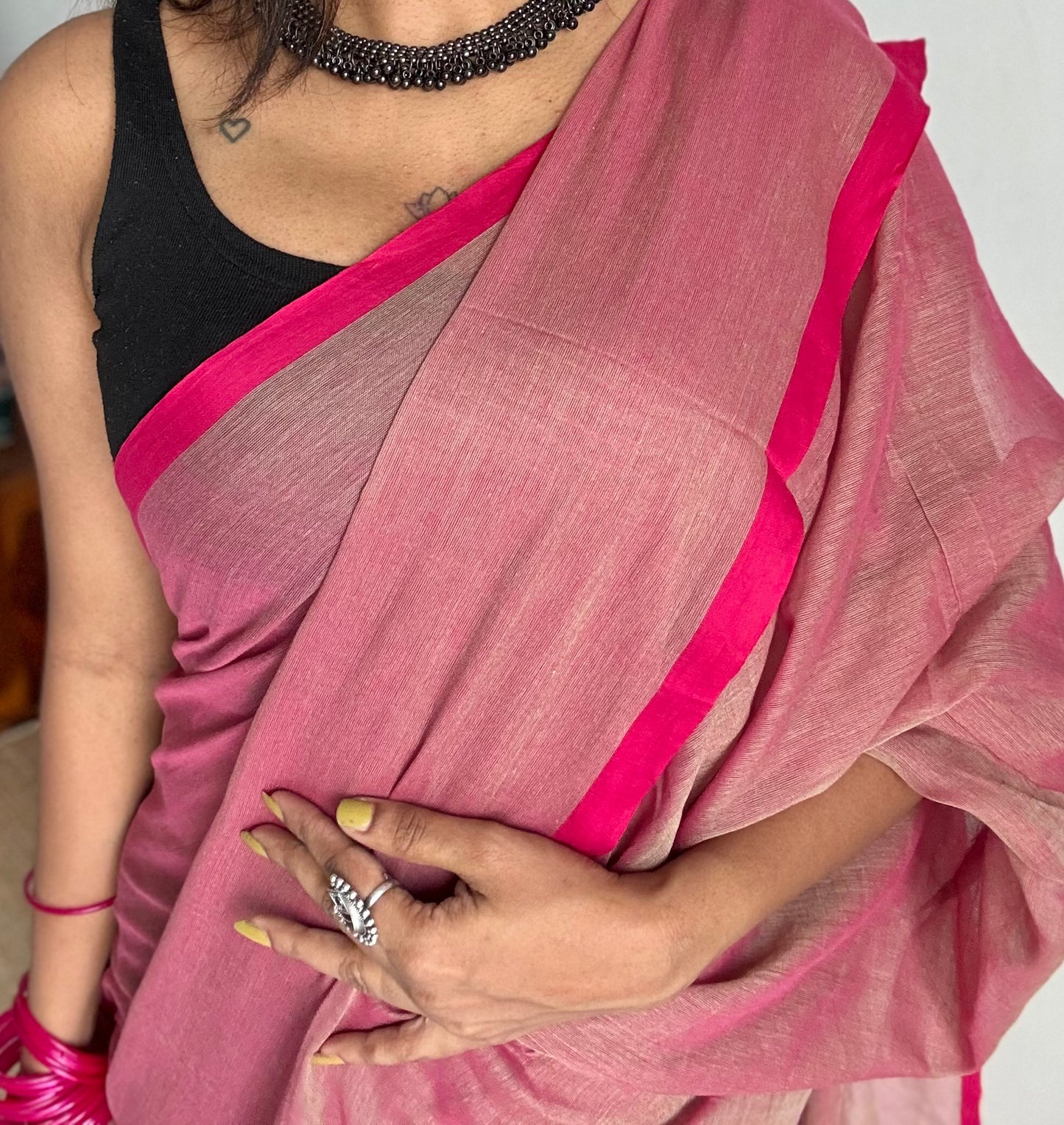 Mauve with pinkish red border mul cotton saree - YCBCMCFE229
