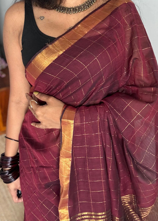 Dark maroon mul with gold checks and zari border - YCBCMCJA06