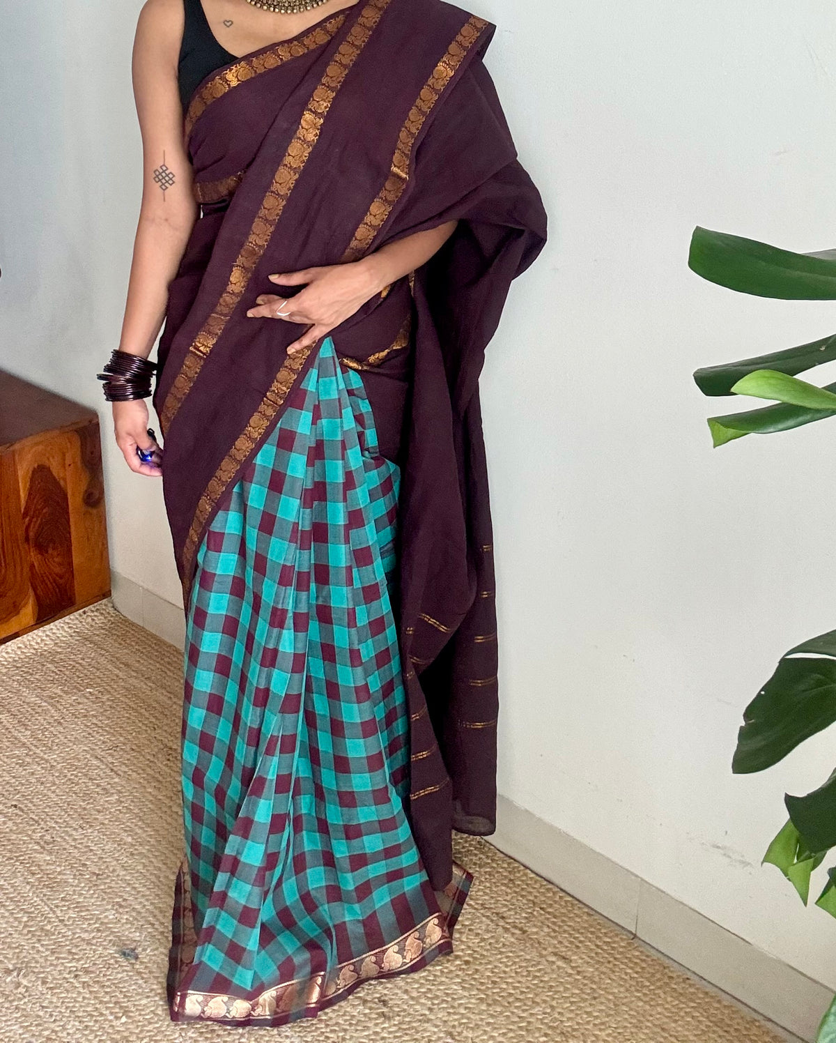 Brown with turquoise multi checks, sungudi and chettinad cotton half-half saree - YCCOTNIDOC36