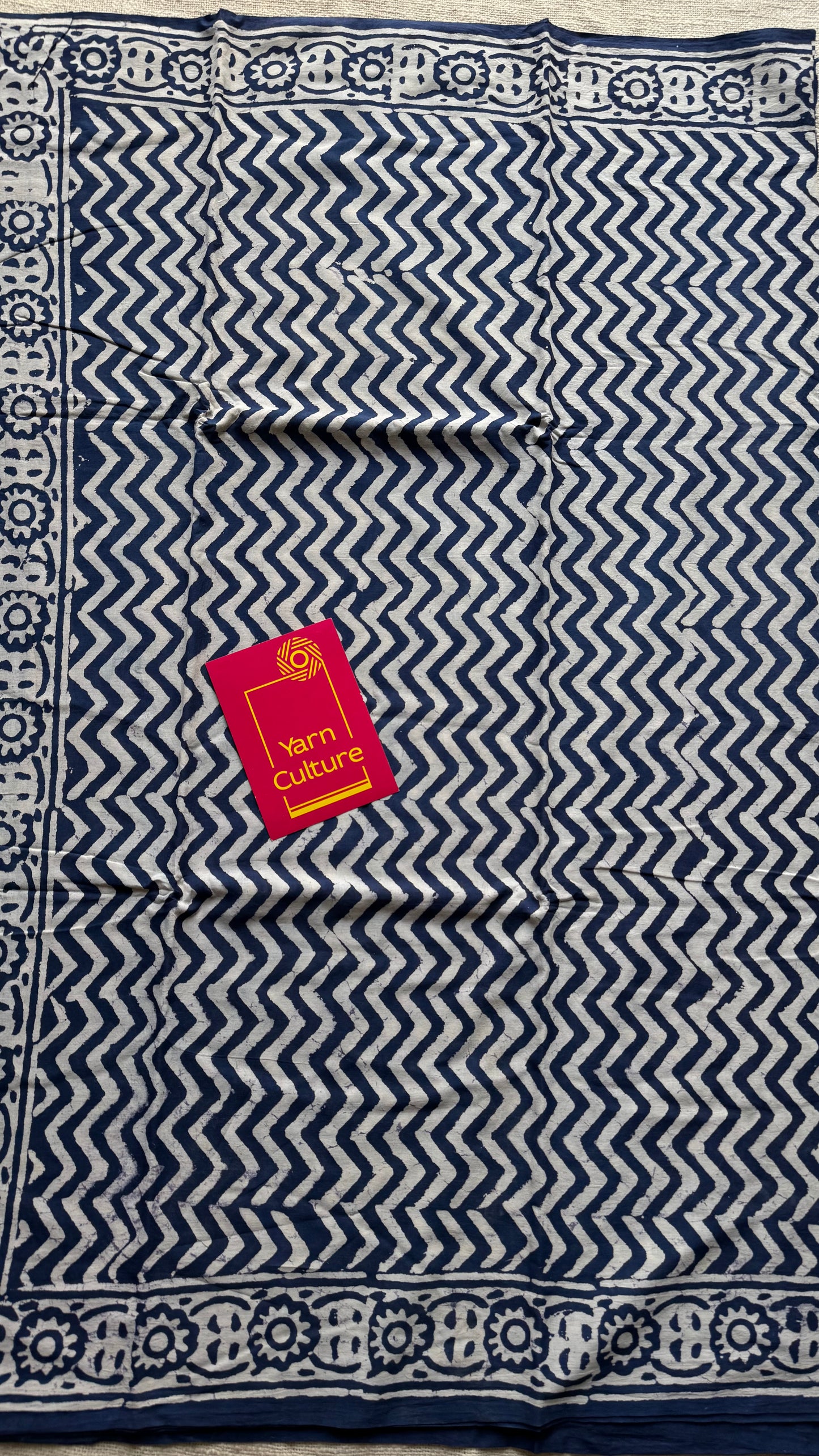 Beige with indigo zig zag motifs, block printed soft cotton saree - YCTORCMA22