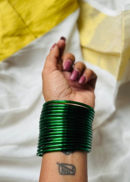 Dark green glossy glass bangles, set of 12 - YCBANGL843