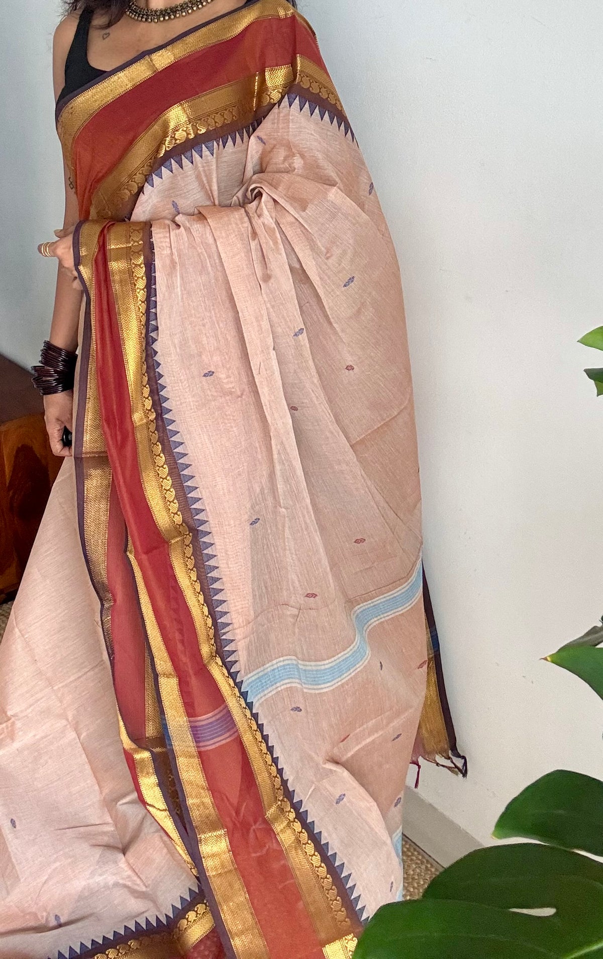 Beige with rust orange and brown zari border kanchi cotton saree - YCCOTNCKSE19