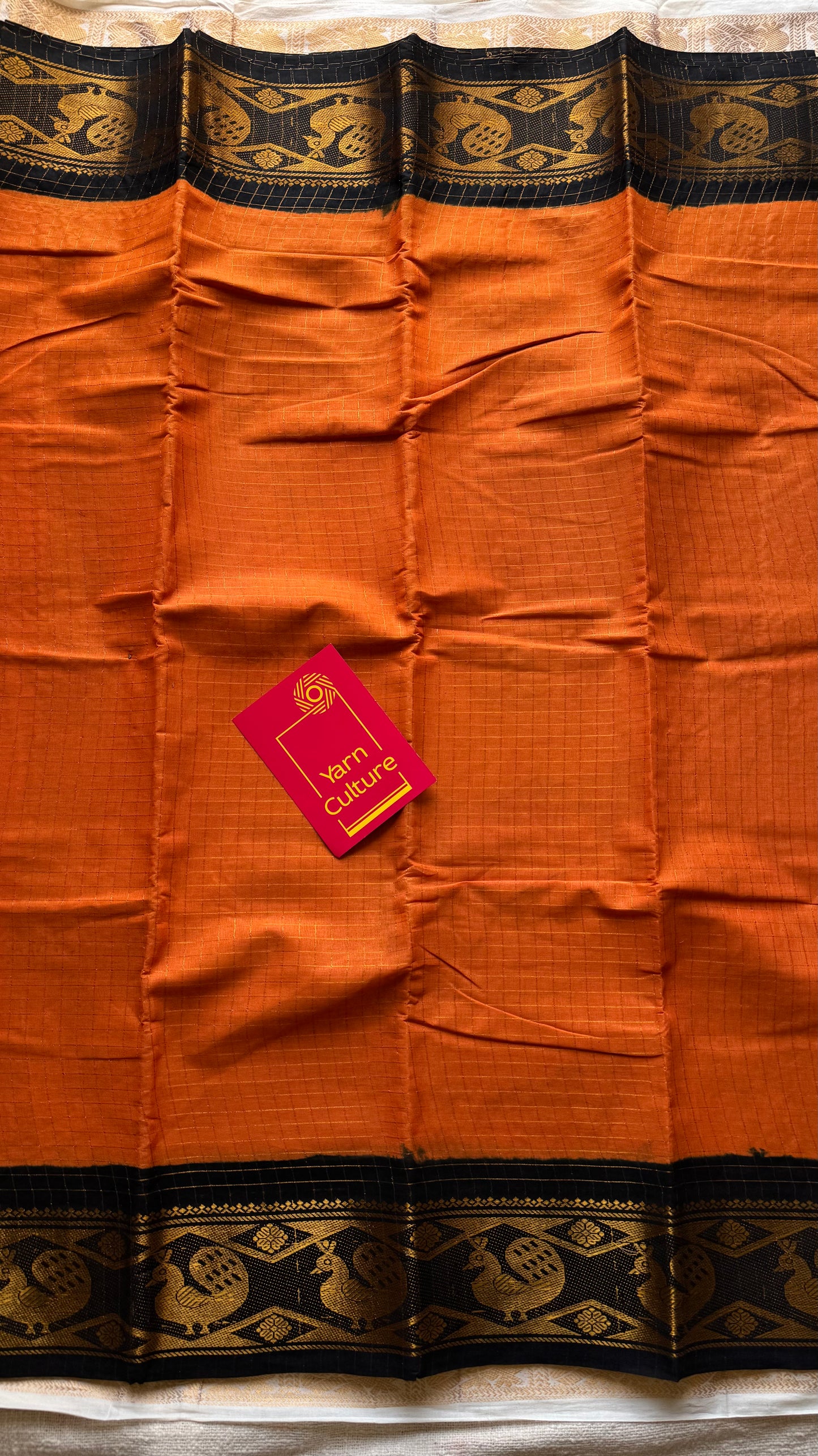 Orange with black contrast zari checkered sungudi, kattuchayam dyed madurai cotton - YCCOTNJUCC15