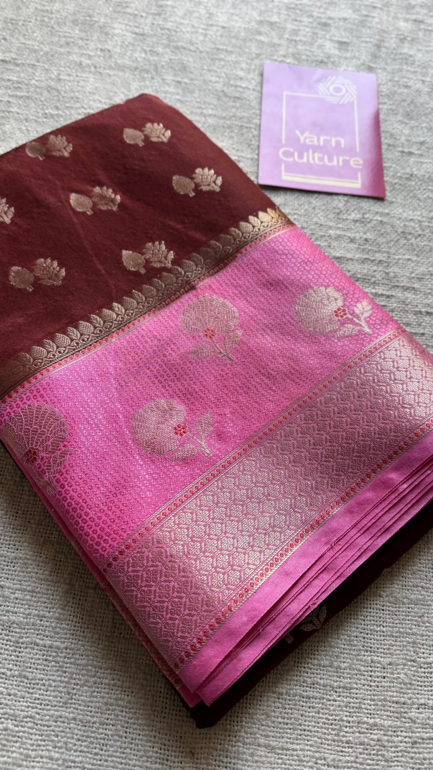 Coffee brown with pink border, semi dupion silk - YCBLSSJA23