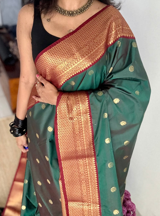Harini - Emerald green with maroon, handloom korvai semi silk - YCCOTNFEJUKS07