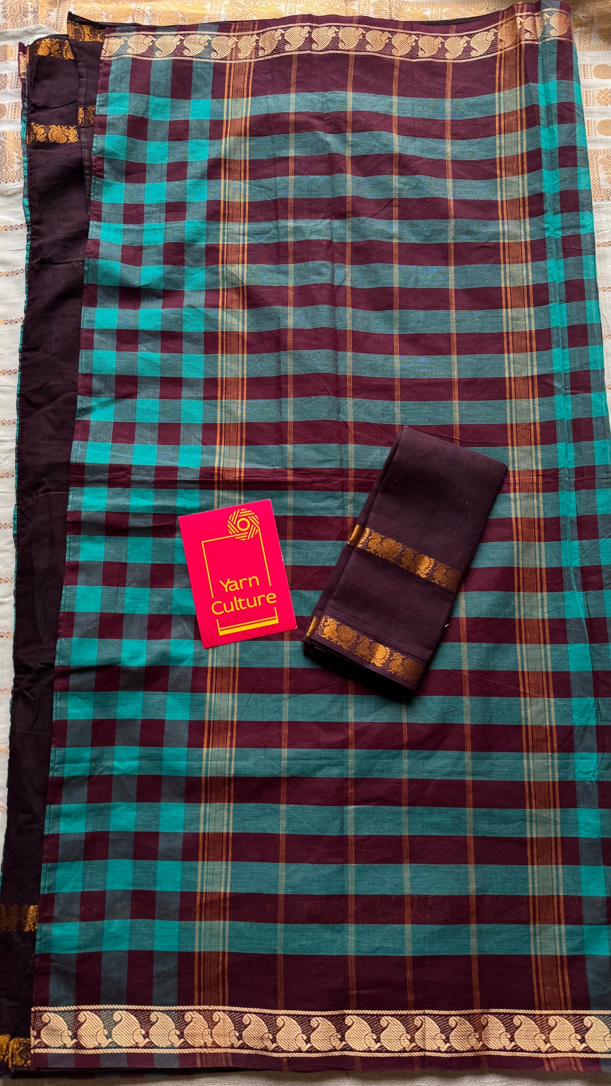 Turquoise multi checks with brown, sungudi and chettinad cotton half-half saree - YCCOTNIDOC35