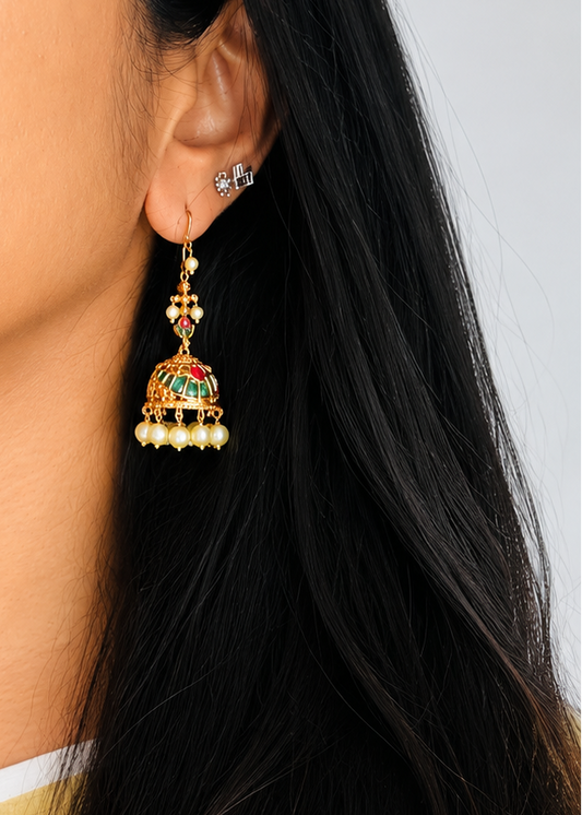 Ruby green pearl drops hook jhumka - YCGPER832