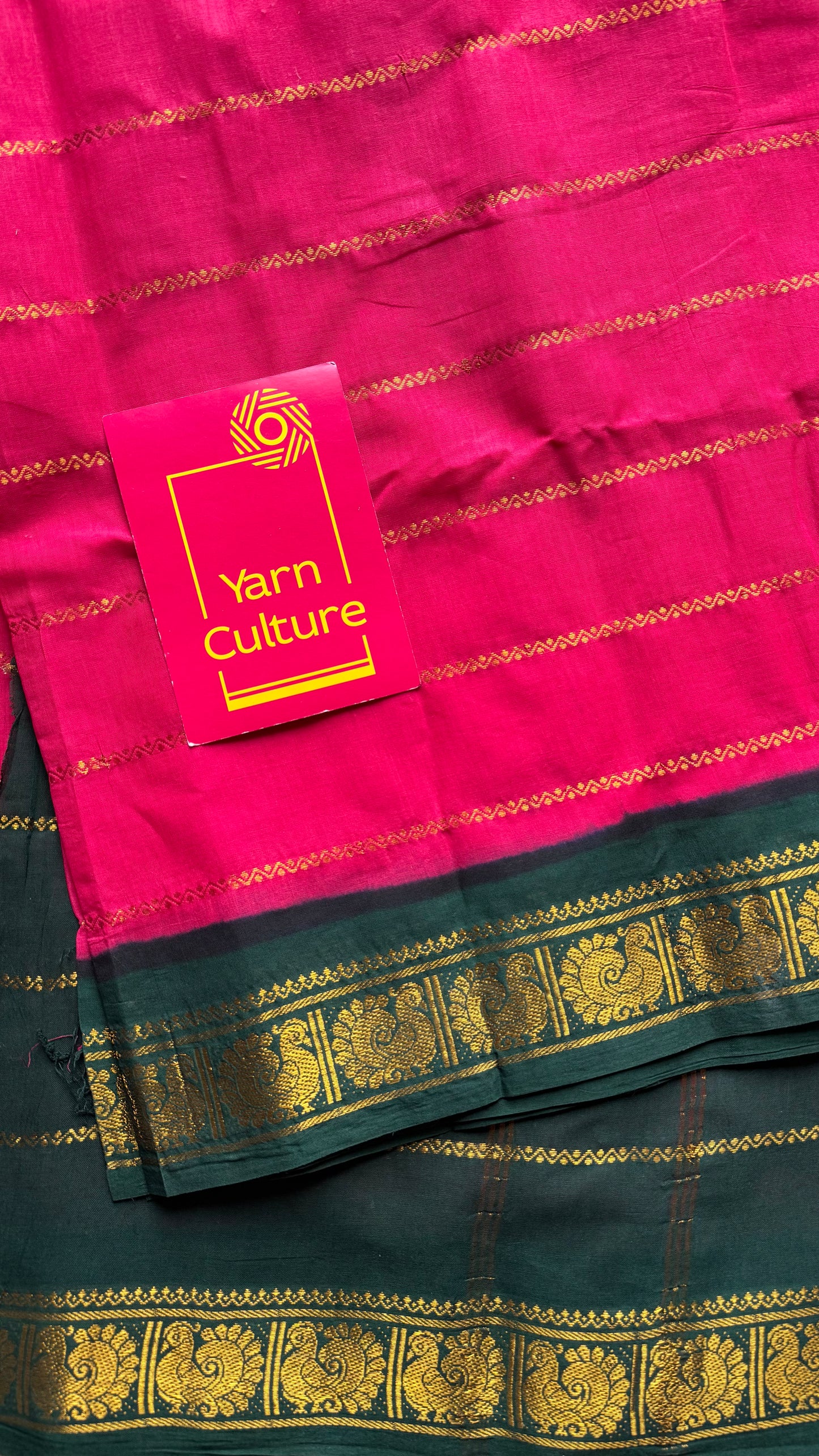 Hot pink with dark green veldhaari, kattuchayam dyed, madurai cotton - YCCOTNSEMS94