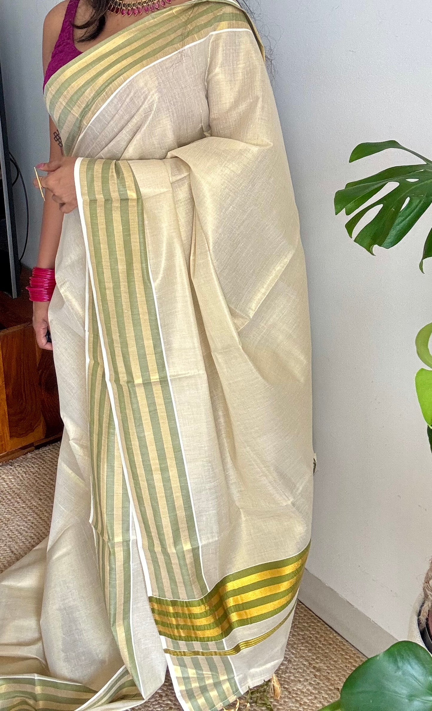 Ivory and gold soft tissue cotton saree, light green border - YCIEON65