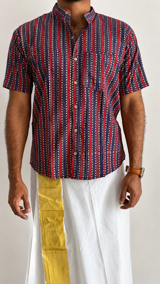 Dark Blue & Red Striped Block Printed Cotton Men's Half Sleeve Mandarin Collar Kurta Shirt - YCMSEIE185