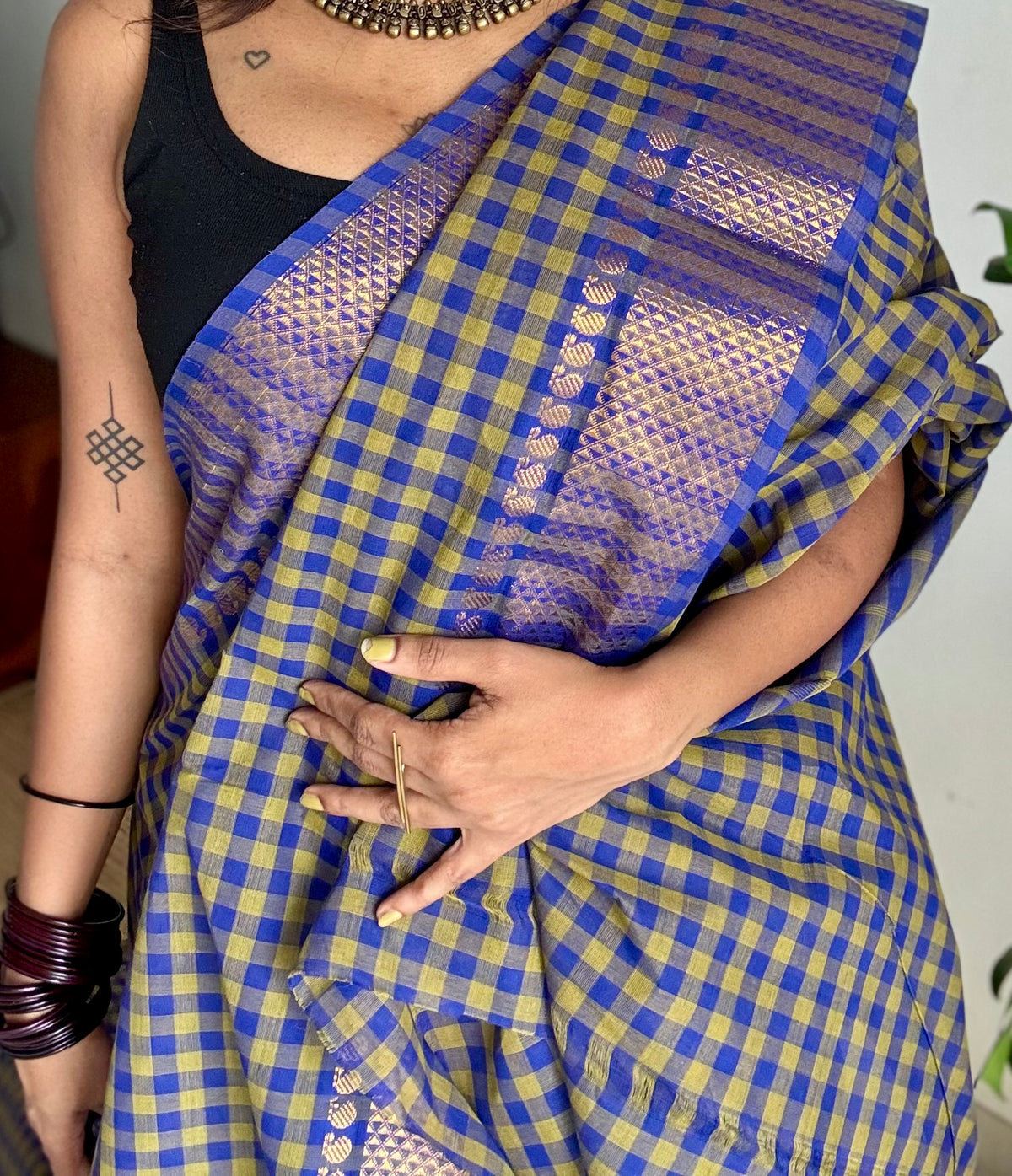 Chettinad cotton saree with green and blue checks, zari motif border - YCCOTNCKSE46