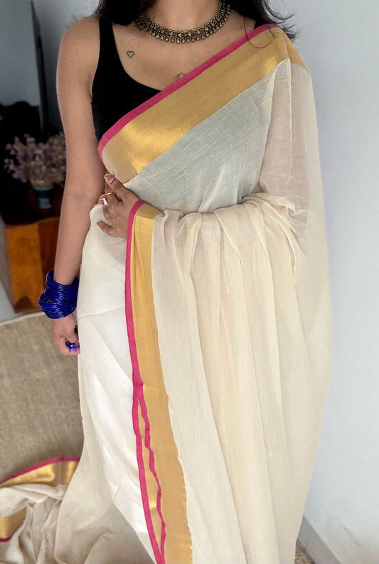 Beige tone with magenta border, mul cotton - YCONBCM230