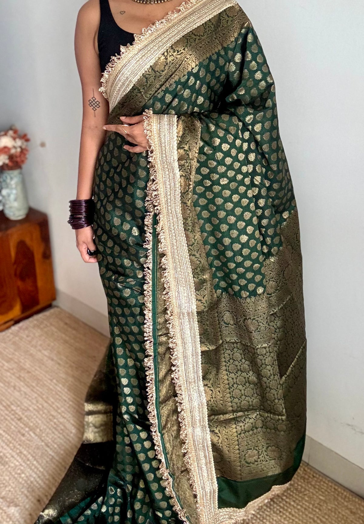 Dark green Banarasi semi-georgette saree with embellished lace border - YCBLTOC75