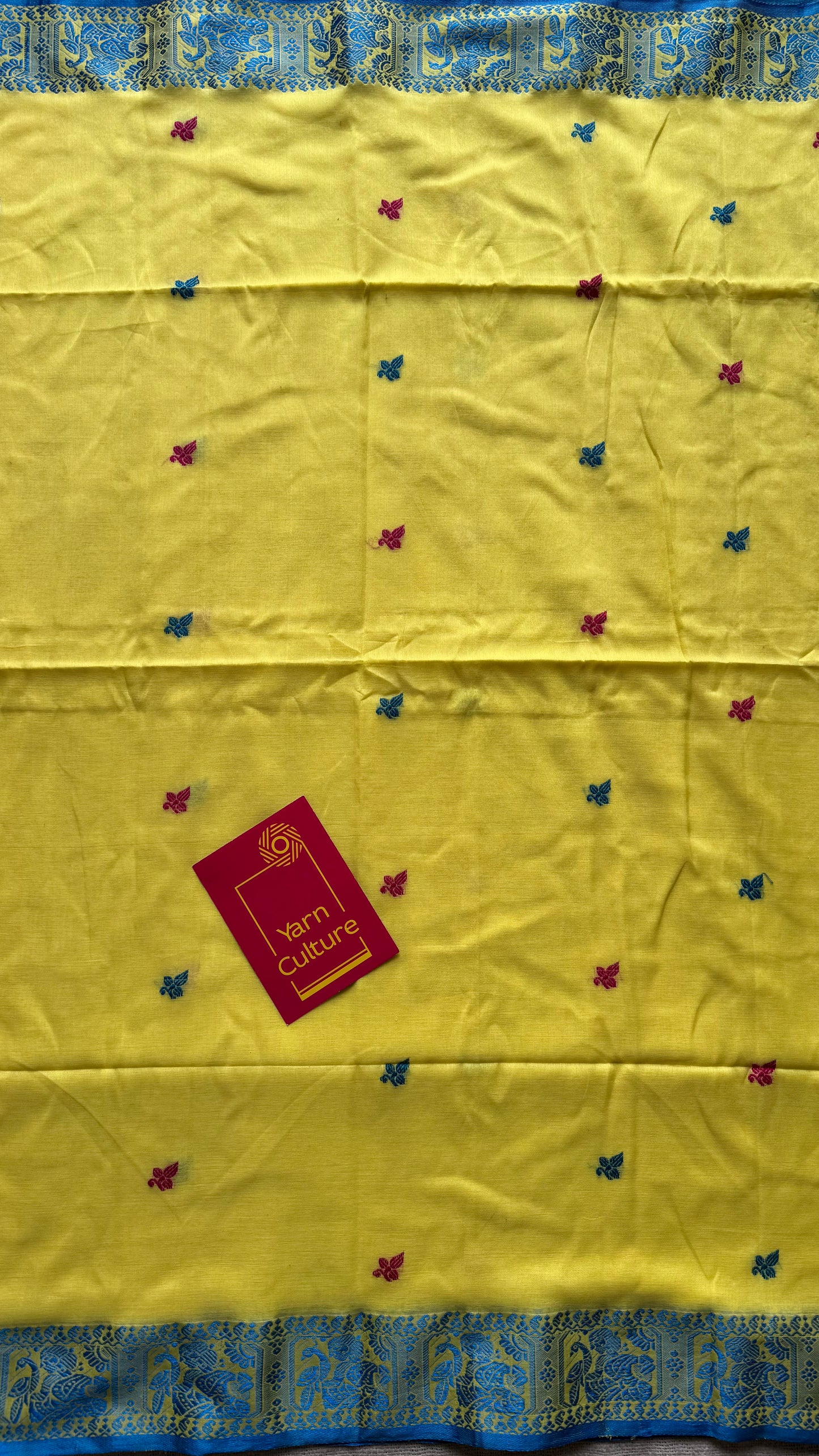 Yellow with blue, Baluchari-inspired soft cotton handwoven saree - YCHOTEBCJA226