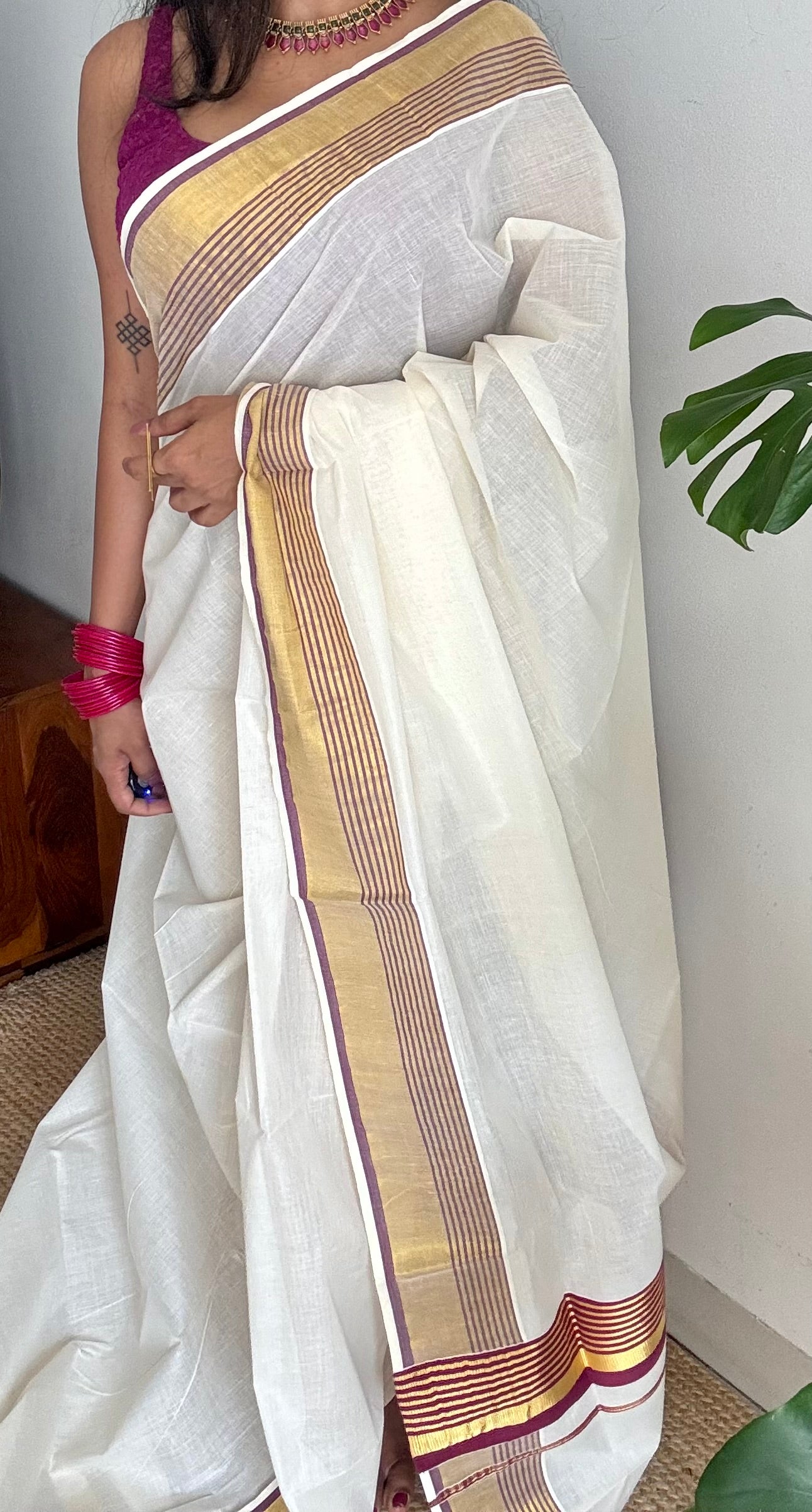 Ivory and gold soft cotton saree, purple border - YCIEON76