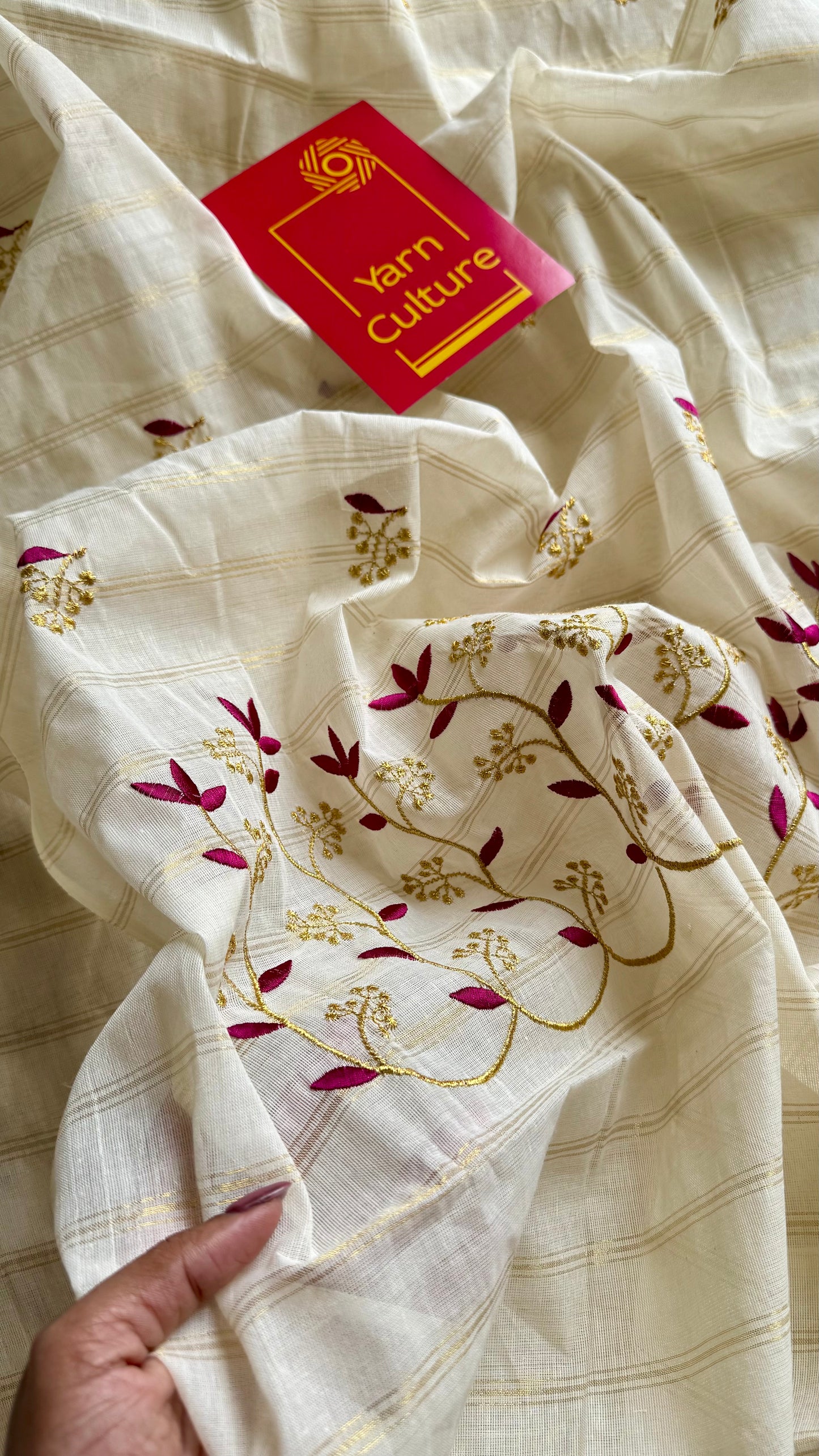 Ivory and gold soft cotton saree, purple pink floral vine embroidery  - YCIEON56
