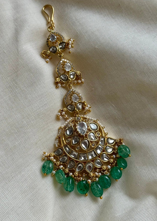 White and green kundan maang tikka - YCAGMT288