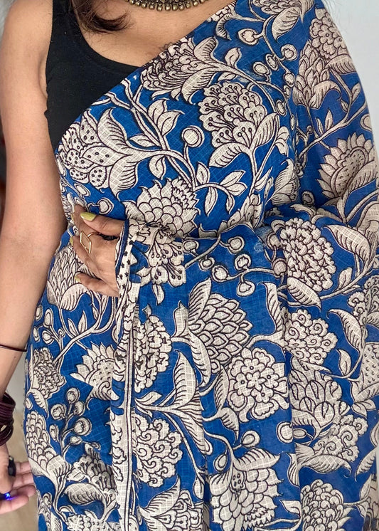 Blue floral kalamkari saree in kota - YCWOTDMA359