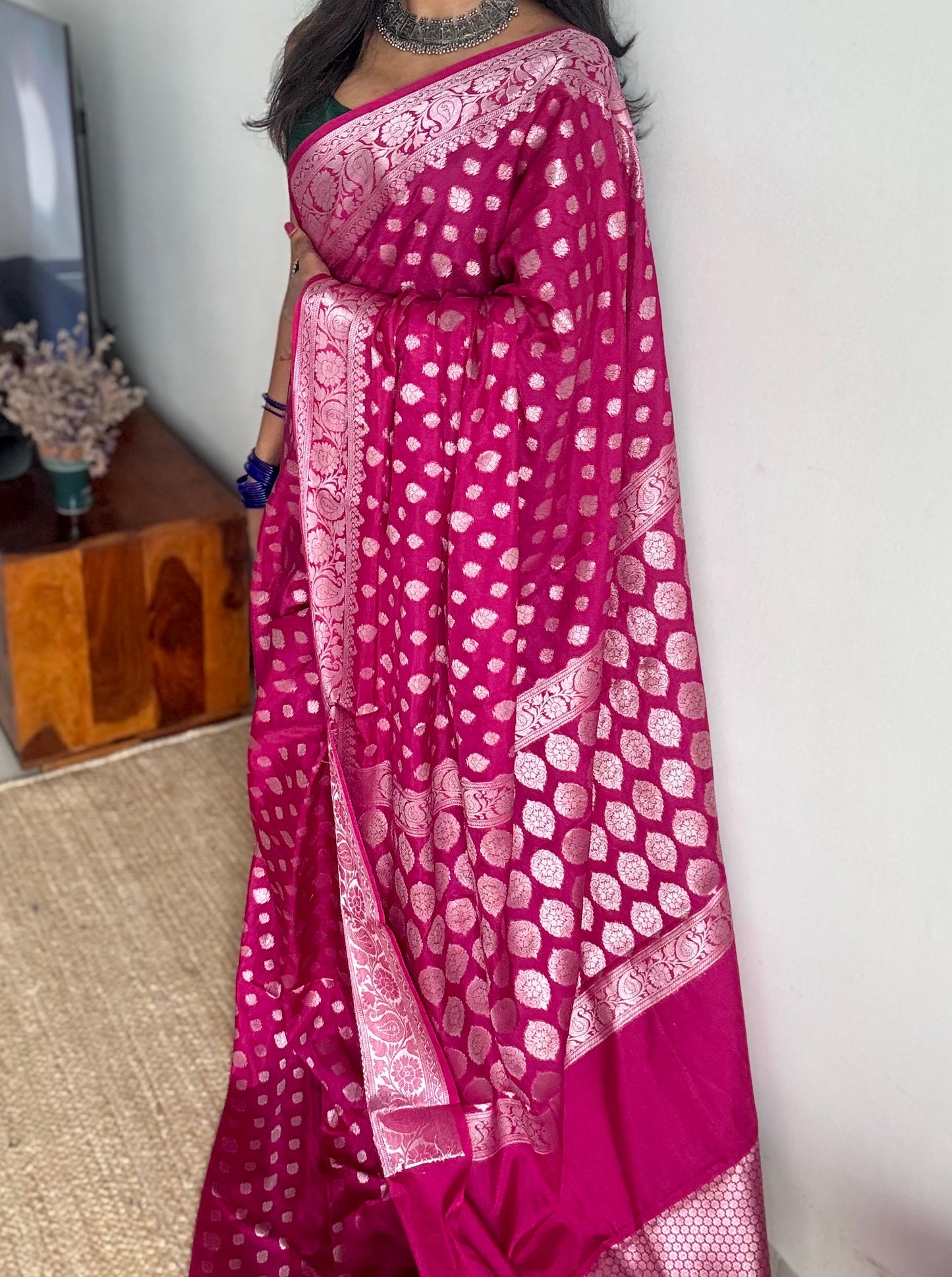 Rani pink, silver buttas and zari, Banarasi semi-silk - YCDESE43