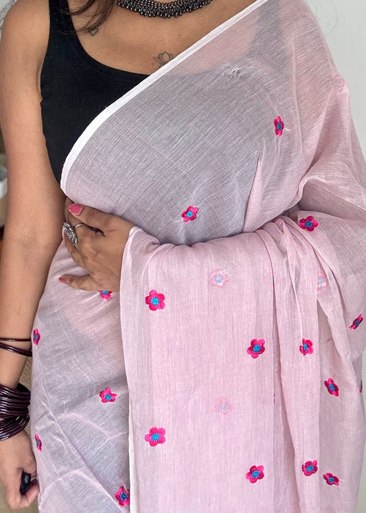 Pink floral embroidered mul cotton saree  - YCBCMCAP45