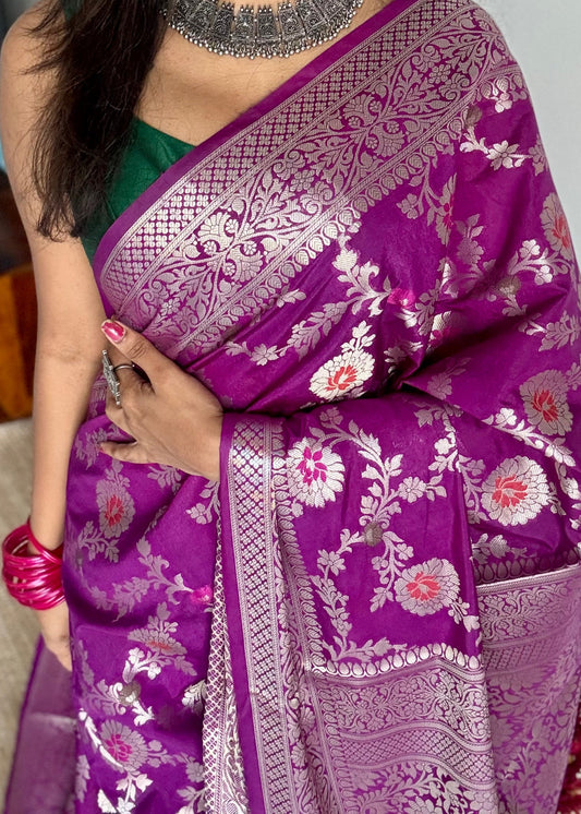 Bright purple meenakari floral pattern in silver zari, Banarasi katan dupion silk - YCDESE10